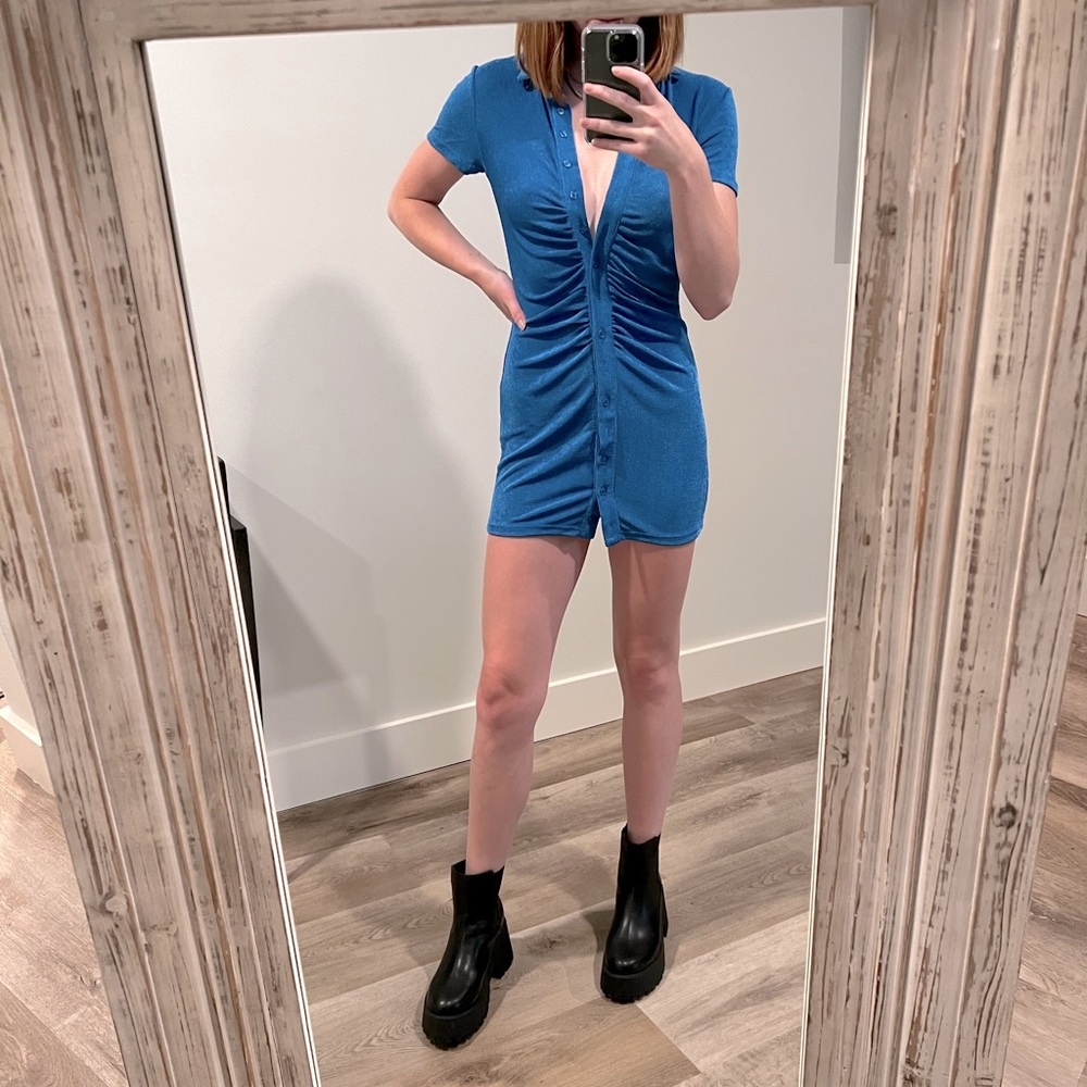 Short Sleeve Button Front Slinky Dress